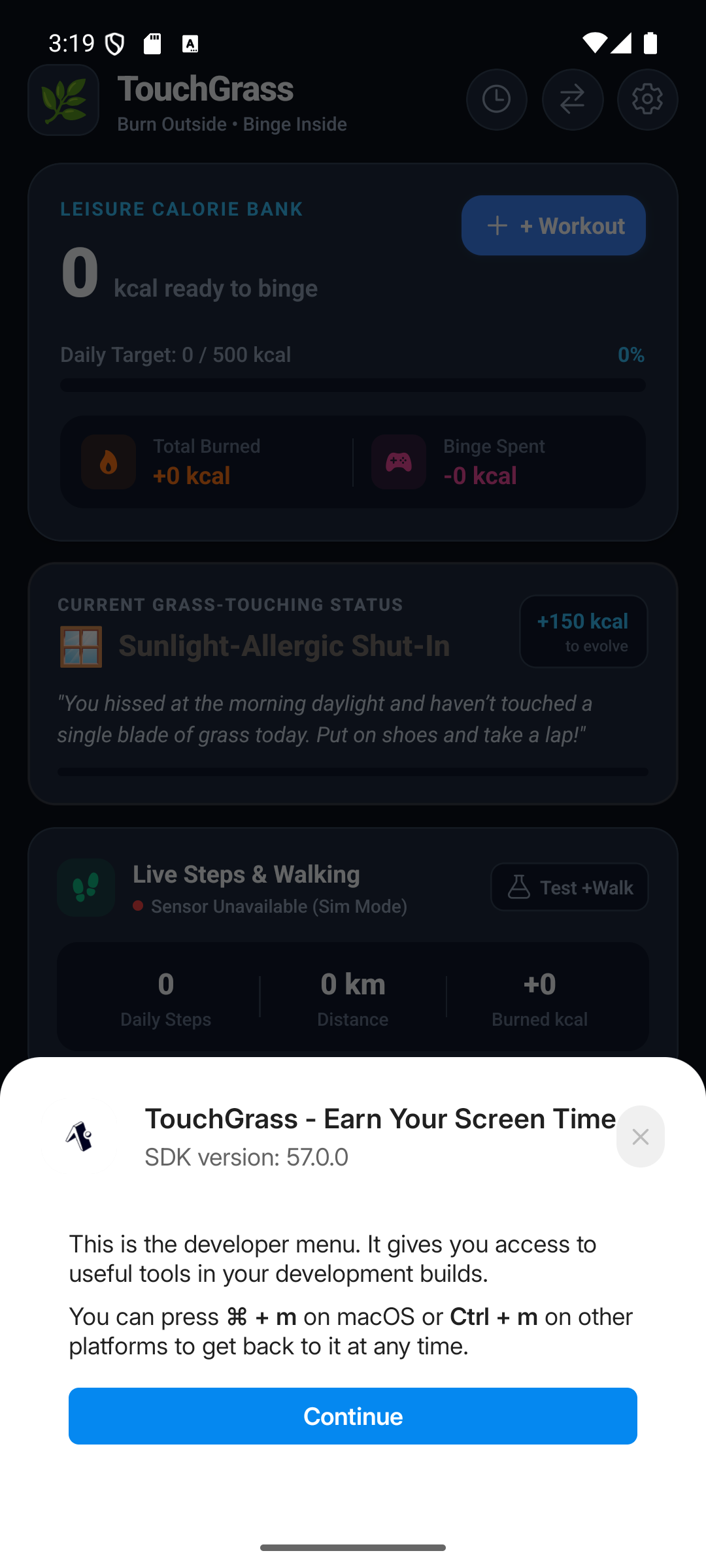 Touch Grass real app screenshot — Android: Calorie Bank Dashboard