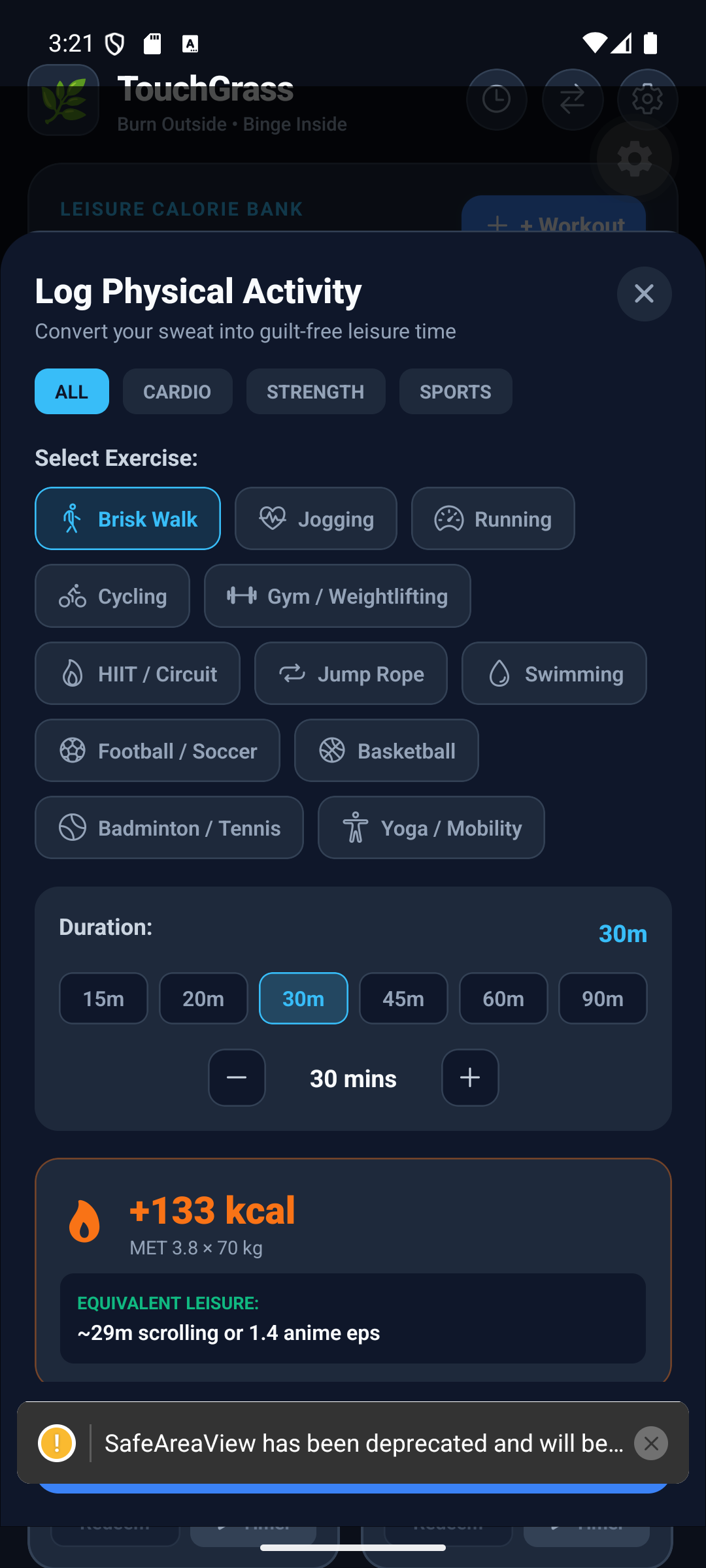 Touch Grass real app screenshot — Android: Workout Logger