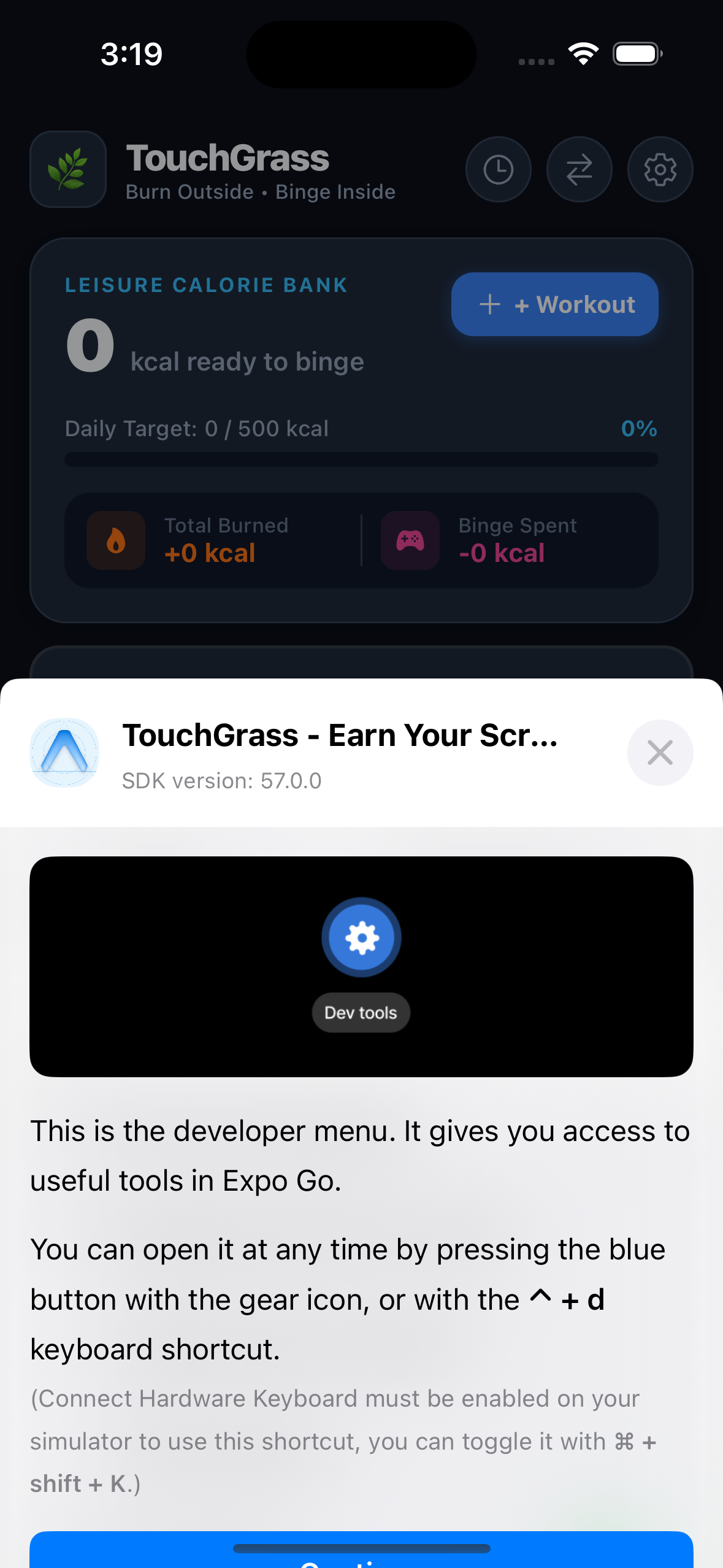 Touch Grass real app screenshot — iOS: Calorie Bank Dashboard