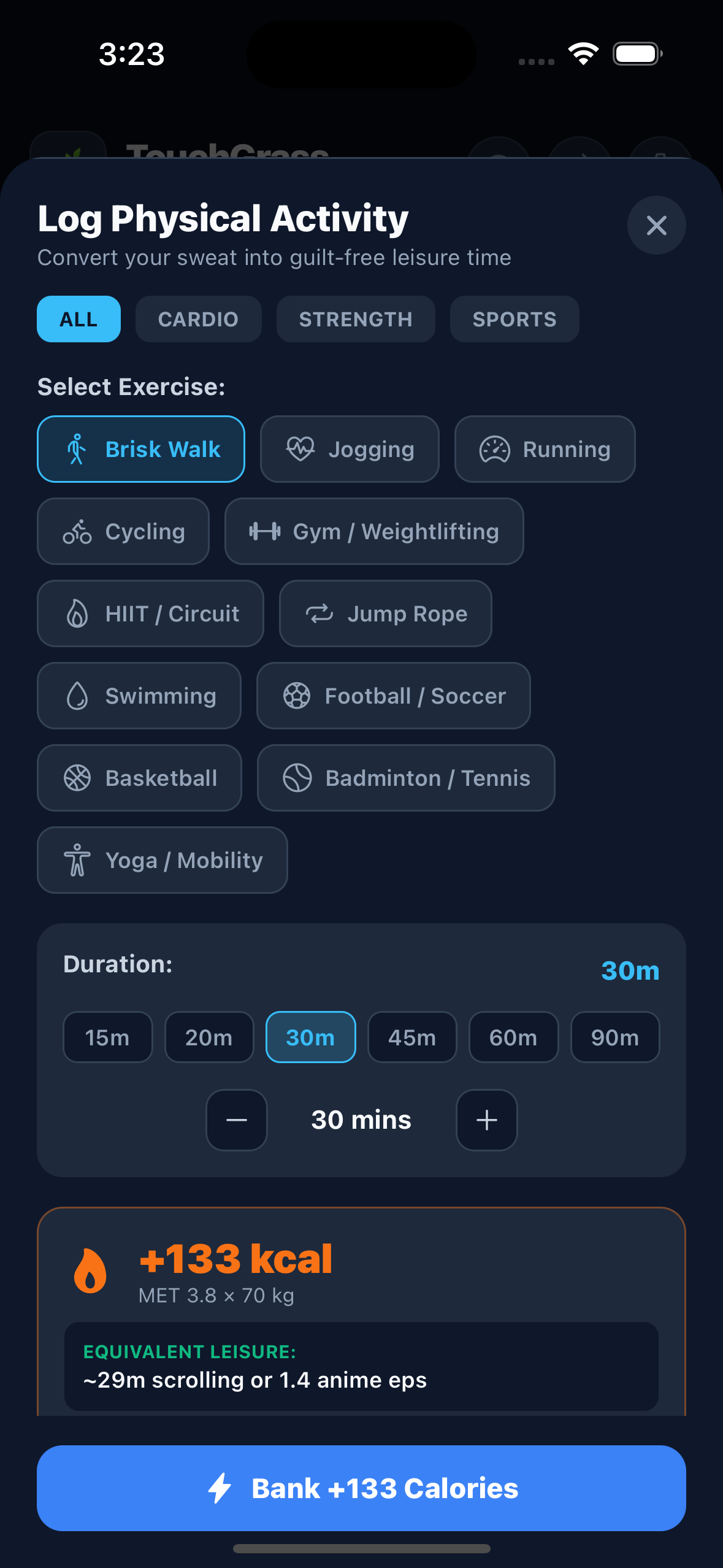 Touch Grass real app screenshot — iOS: Workout Logger